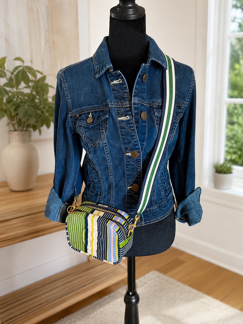 Brand New!! Tory Burch Multicolor Striped Crossbody Bag with Green-White Strap